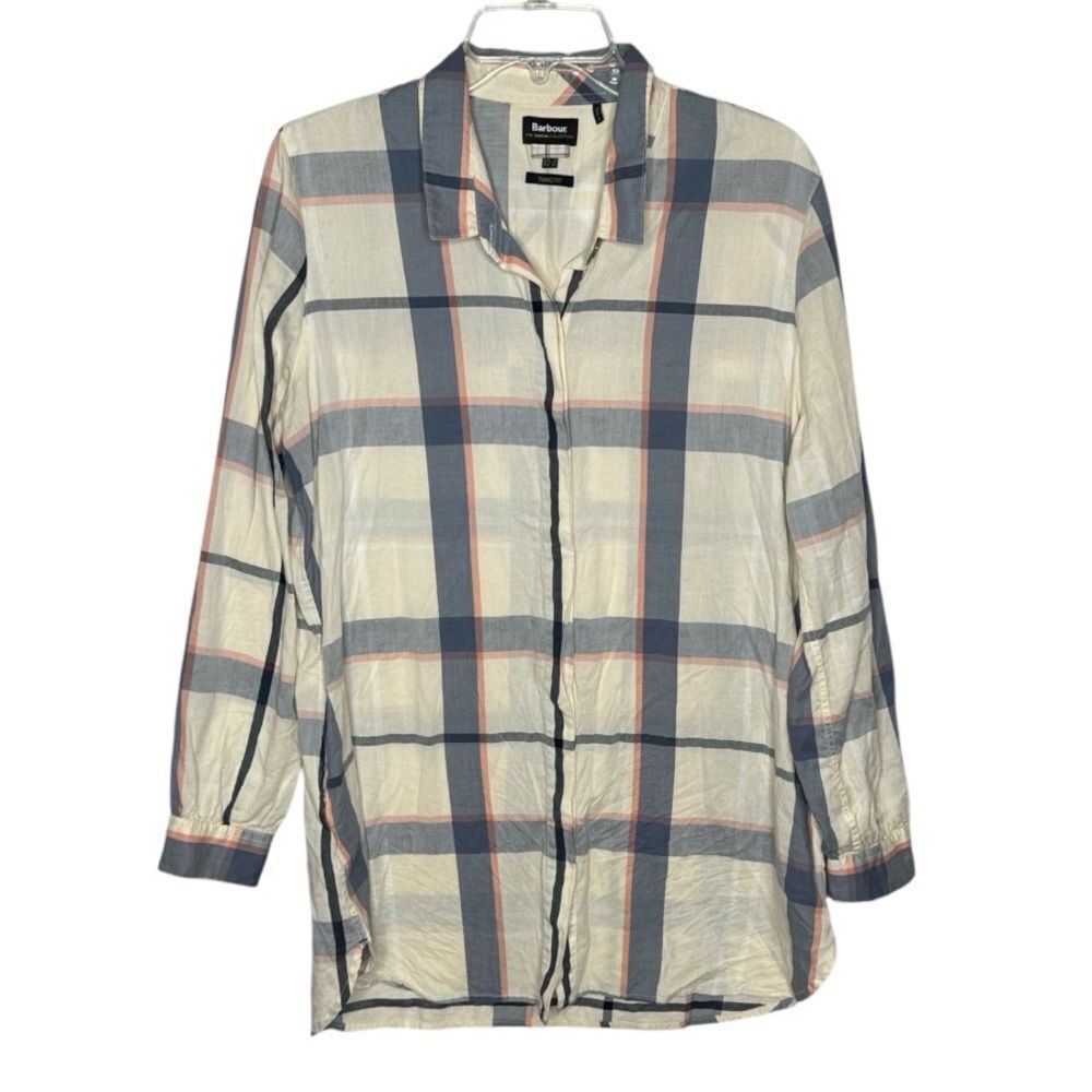Barbour Women’s Cream/Blue Lothian Tunic Tartan Plaid Button Down Shirt.Size 12.